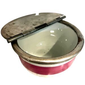 Antique "Buffalo China" Sugar Bowl Metal Flip Lid & Maroon Stripes (1919) - RARE